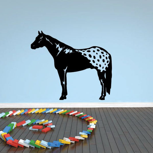 Standing appaloosa horse wall decal, black with white spots and speckled pattern.