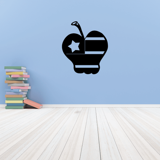 Apple-shaped America flag decal with stars and stripes in black and blue