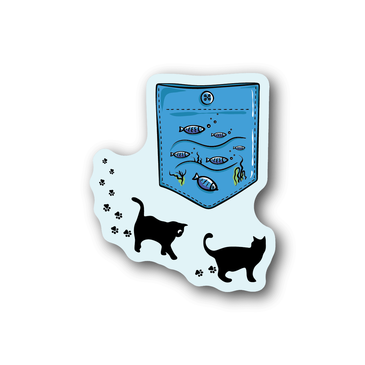 Aquarium pocket vinyl sticker with blue aquarium and fish, plus two cats silhouettes