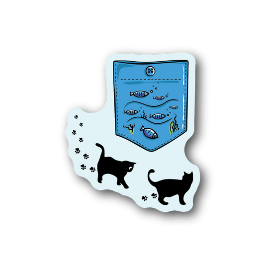 Aquarium pocket vinyl sticker with blue aquarium and fish, plus two cats silhouettes