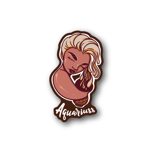 Aquarius zodiac vinyl sticker of blonde-haired woman face with Aquarius script