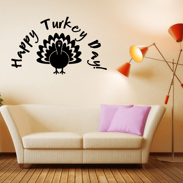 Thanksgiving turkey decal with arched 'Happy Turkey Day' text and black turkey icon