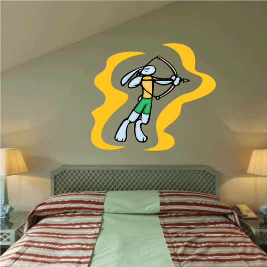 Archery wall sticker: cartoon archer with bow, green outfit, yellow burst shape.