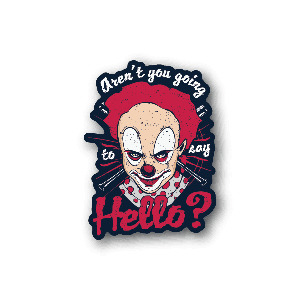 Clown vinyl sticker with white face, red cap, and Hello? text