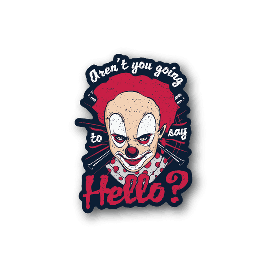 Clown vinyl sticker with white face, red cap, and Hello? text