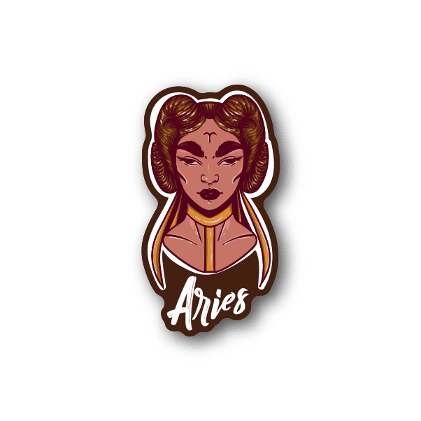 Aries zodiac vinyl sticker with illustrated ram-horned woman and 'Aries' text