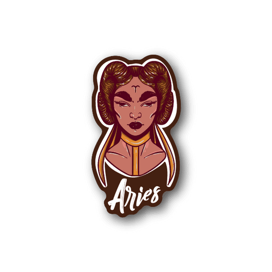 Aries zodiac vinyl sticker with illustrated ram-horned woman and 'Aries' text