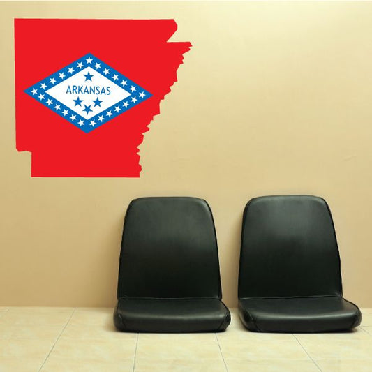 Arkansas state flag sticker with red outline and blue banner with stars and ARKANSAS