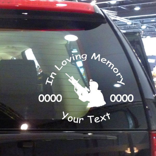Military in loving memory car decal with rifle, soldier silhouette, and customizable text