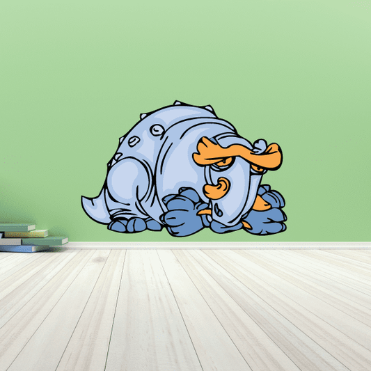 Armored dinosaur sticker, light blue cartoon reptile with orange horn and armor details