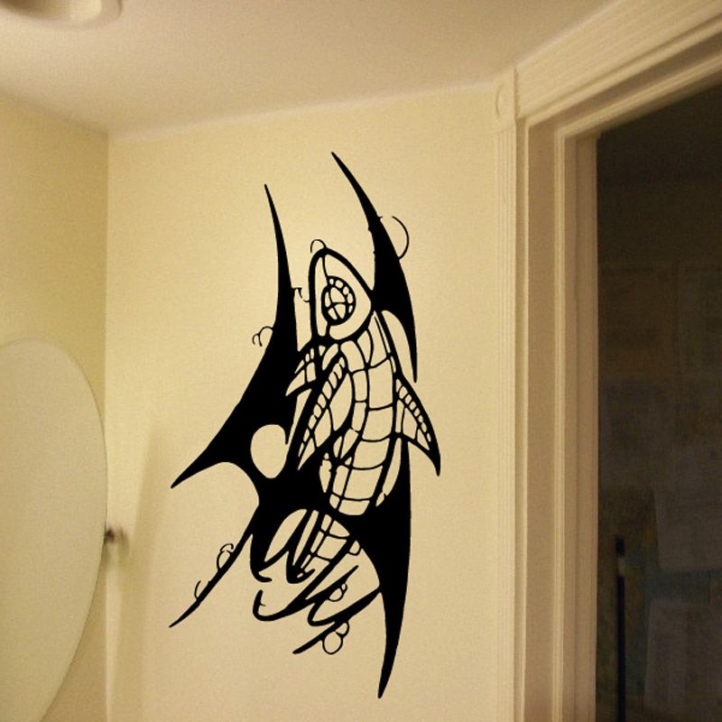 Armored razor whale wall decal, black and white tribal-style graphic with spiked fins