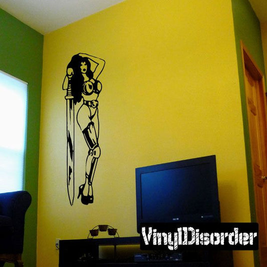 Armored woman and broadsword wall decal, black outline silhouette