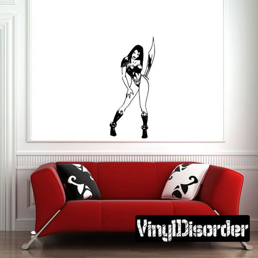 Wall decal: armored woman holding sword, black-and-white outline figure