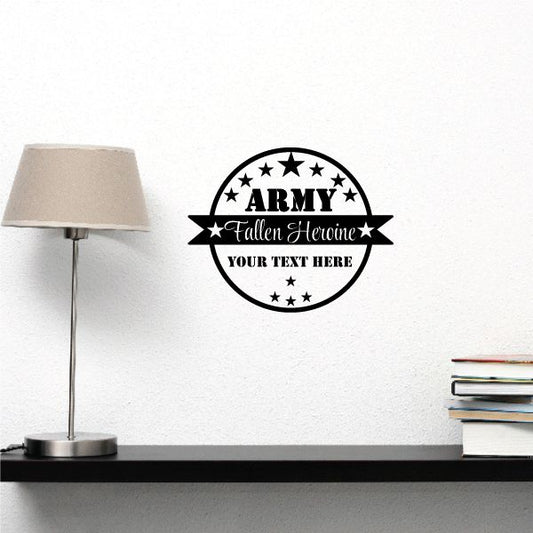 Memorial wall decal: circular Army Fallen Heroine logo with stars and custom text