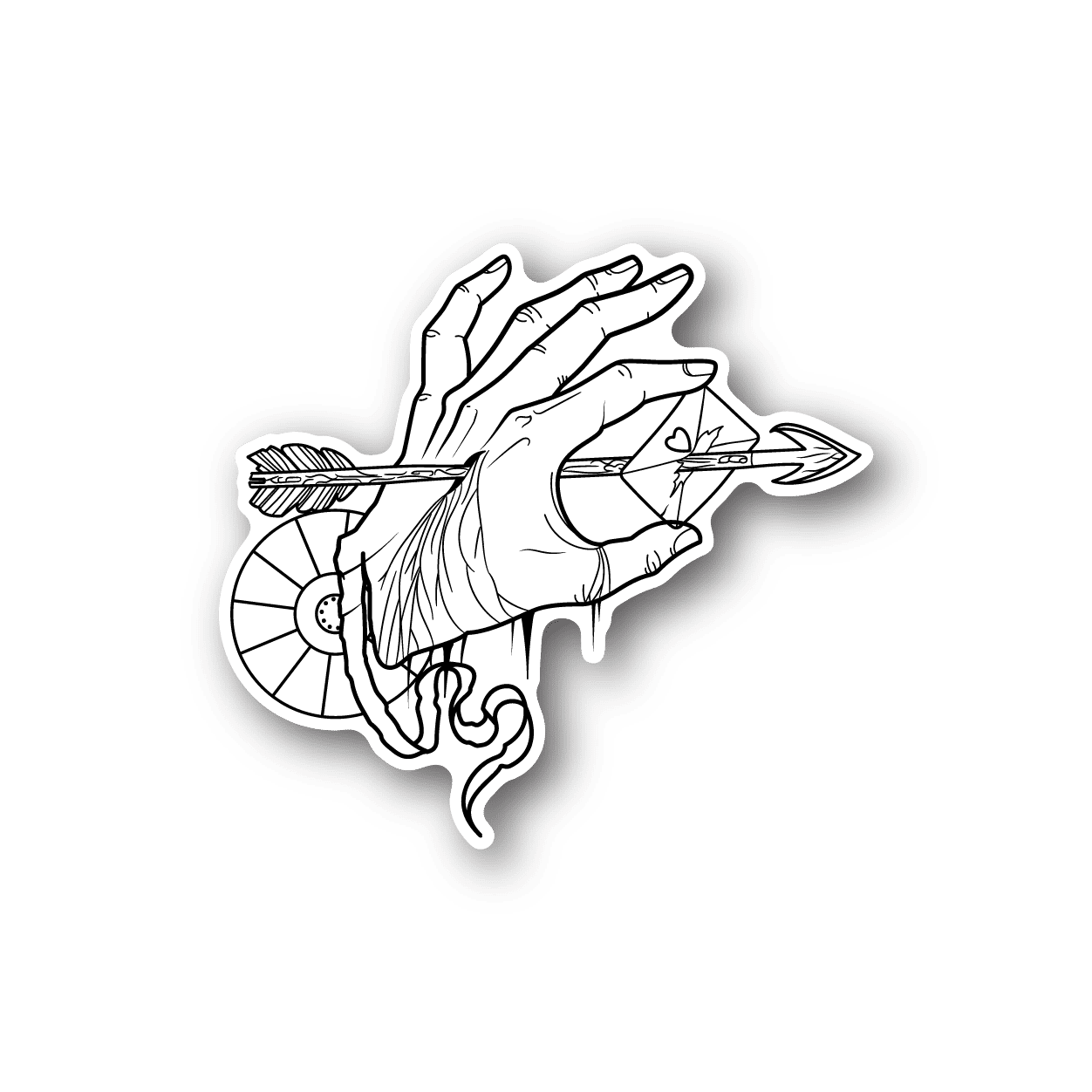 Vinyl sticker with white arrow line art and hand holding an arrow