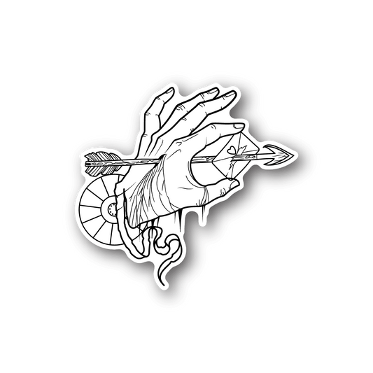 Vinyl sticker with white arrow line art and hand holding an arrow