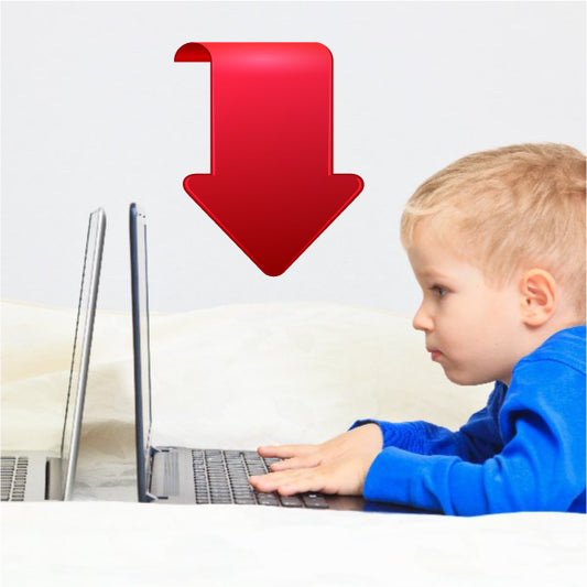 Red arrow sticker pointing downward, with a rounded rectangular tail