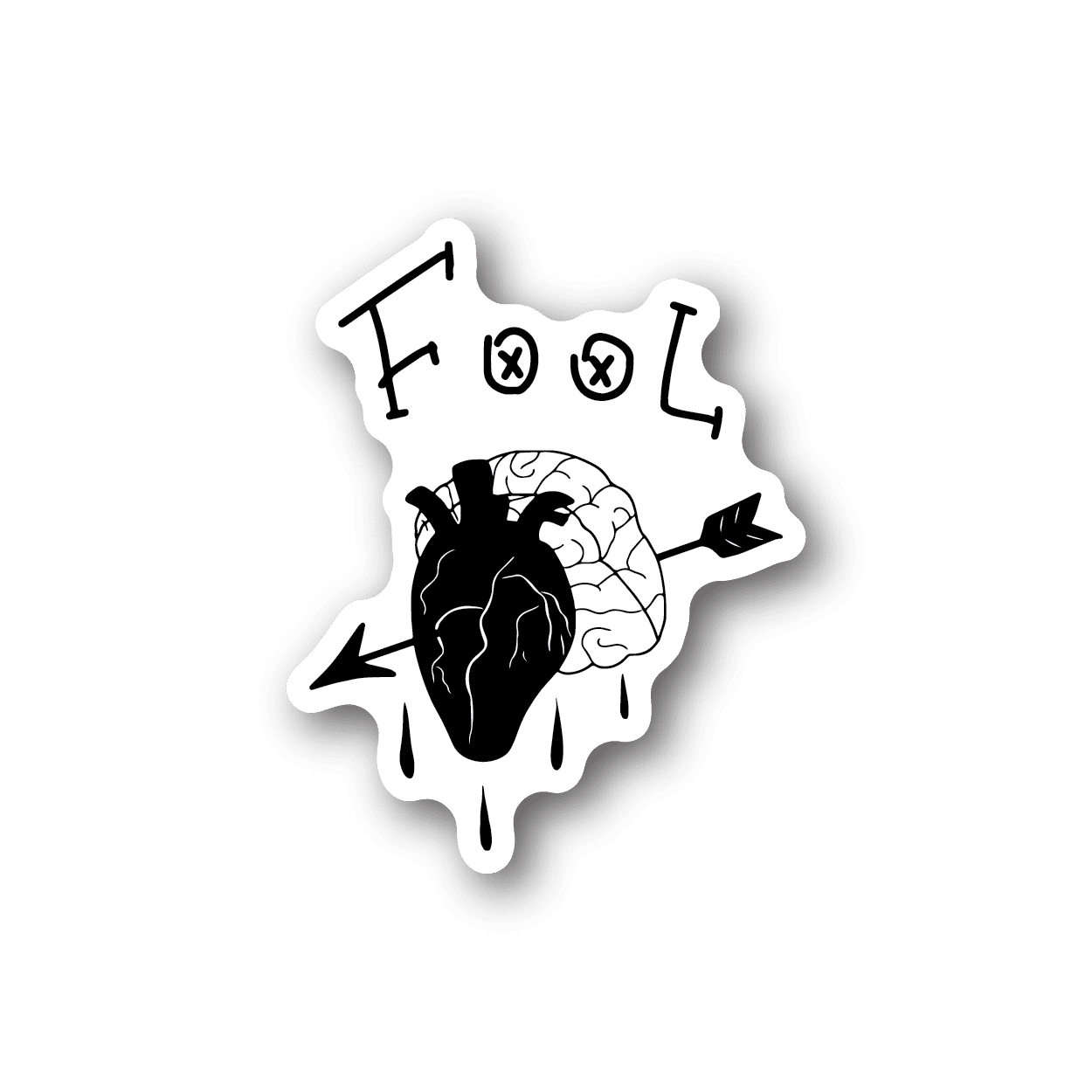 Vinyl sticker of stylized brain and heart with arrow piercing, black-and-white