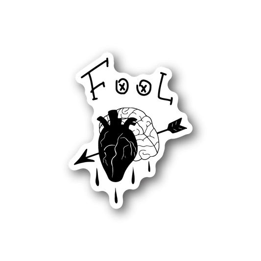 Vinyl sticker of stylized brain and heart with arrow piercing, black-and-white