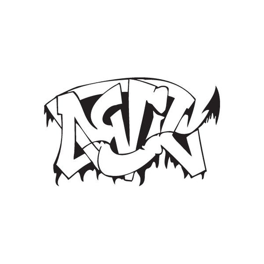 Graffiti wall decal with bold black-and-white lettering and jagged edges