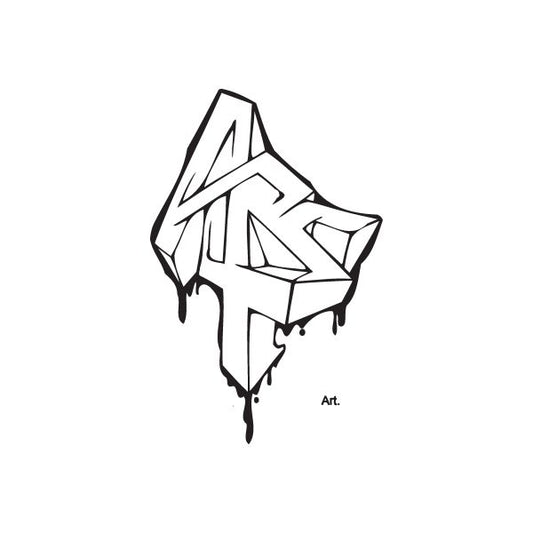 Graffiti art decal featuring black line tag with paint drips and layered shapes