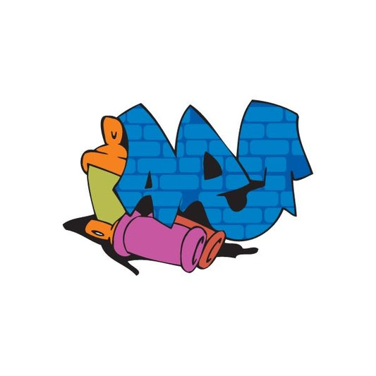 Graffiti wall art sticker with blue letters and cartoon hands