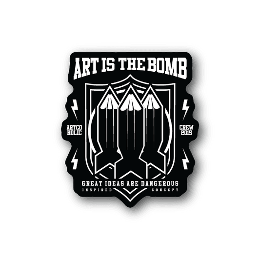 Black vinyl sticker with white 'Art Is the Bomb' text and abstract lightning icon