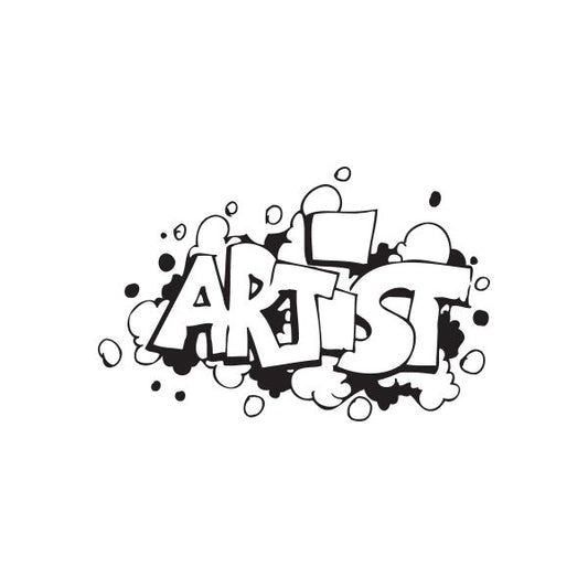Graffiti decal with bold black-and-white street lettering and small bubbles
