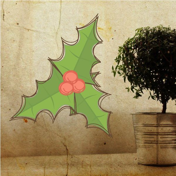 Mistletoe-inspired holly leaf wall decal with pink berries and green leaves