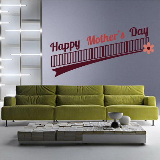 Happy Mother's Day wall decal with red text, barcode stripe, and flower accent