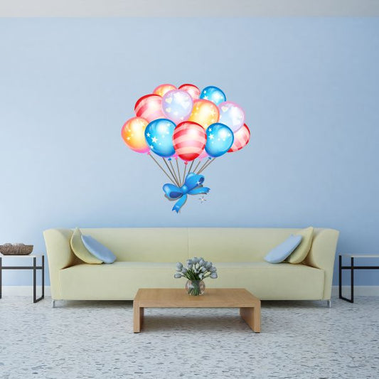Multicolor balloon bunch wall sticker with ribbon bow and strings