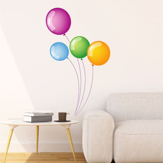 Four glossy balloon stickers in purple, blue, green, and orange