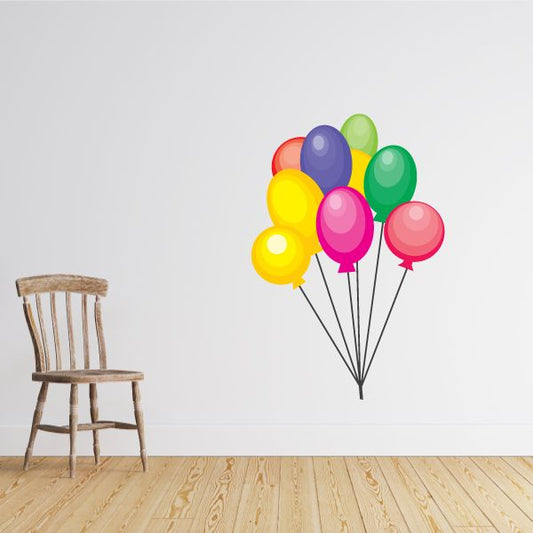 Multicolor tied balloon sticker cluster, 9 balloons on black strings.