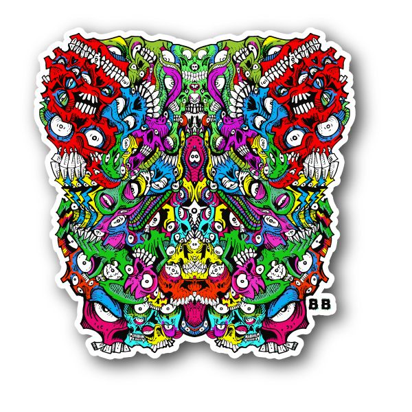 Colorful scary skull vinyl sticker with many cartoon skulls and monsters