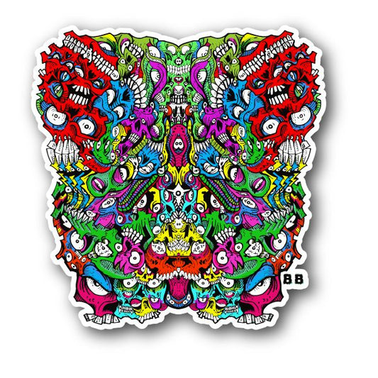 Colorful scary skull vinyl sticker with many cartoon skulls and monsters