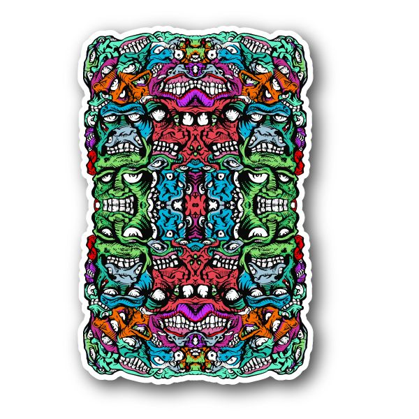 Colorful scary skull vinyl sticker with grinning skull faces, white border
