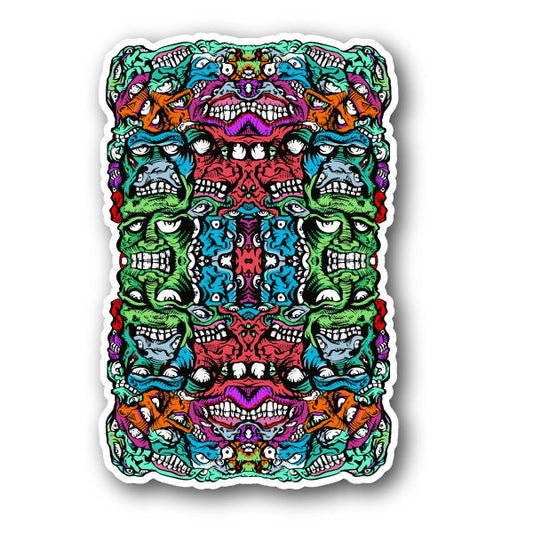 Colorful scary skull vinyl sticker with grinning skull faces, white border