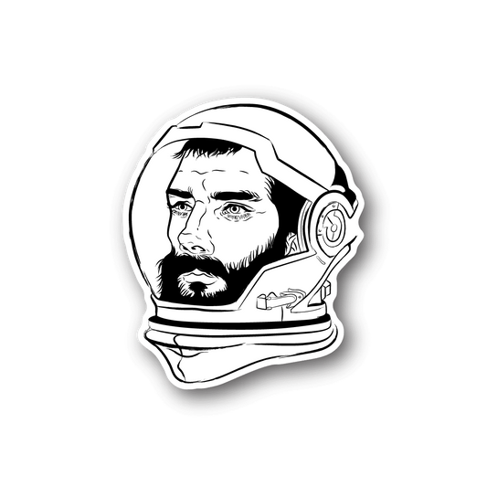 Bearded astronaut vinyl sticker with helmet and suit outline, white design