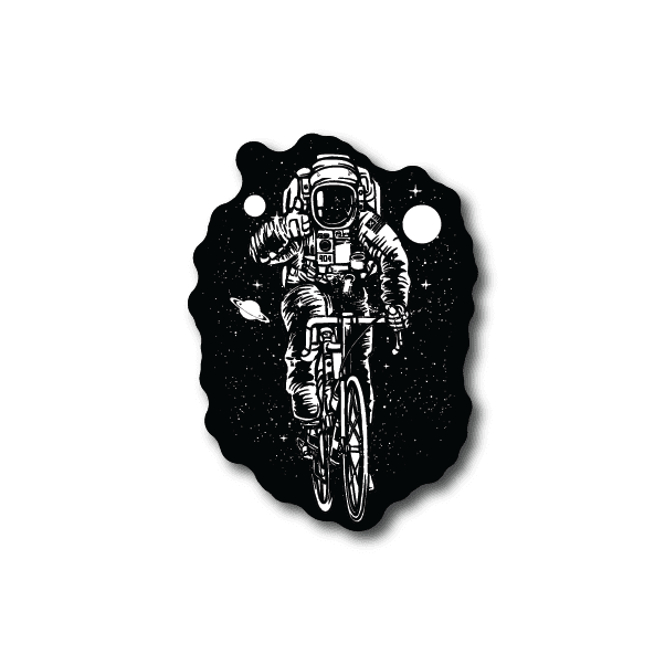Astronaut bicycle vinyl sticker with white line art of astronaut on a bike