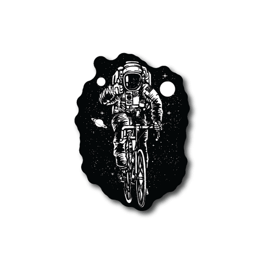 Astronaut bicycle vinyl sticker with white line art of astronaut on a bike