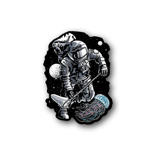 Astronaut fishing vinyl sticker with blue net and black-and-white space suit illustration