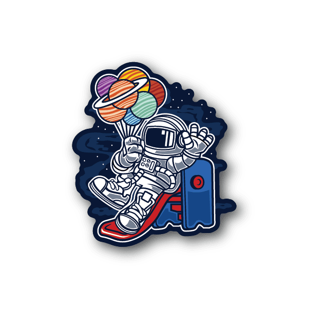 Astronaut sliding vinyl sticker with colorful planet rings and space suit