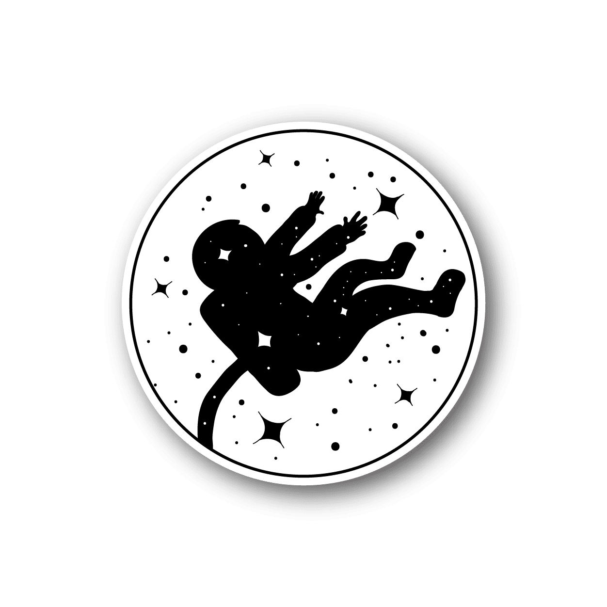 Circular vinyl sticker of a black astronaut reaching toward stars, white border