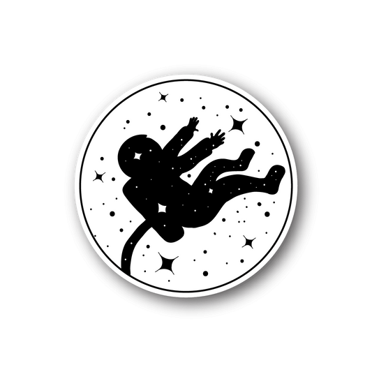 Circular vinyl sticker of a black astronaut reaching toward stars, white border