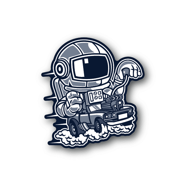 Astronaut hot rod racer vinyl sticker, blue and white cartoon astronaut in helmet.