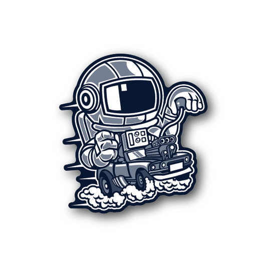 Astronaut hot rod racer vinyl sticker, blue and white cartoon astronaut in helmet.