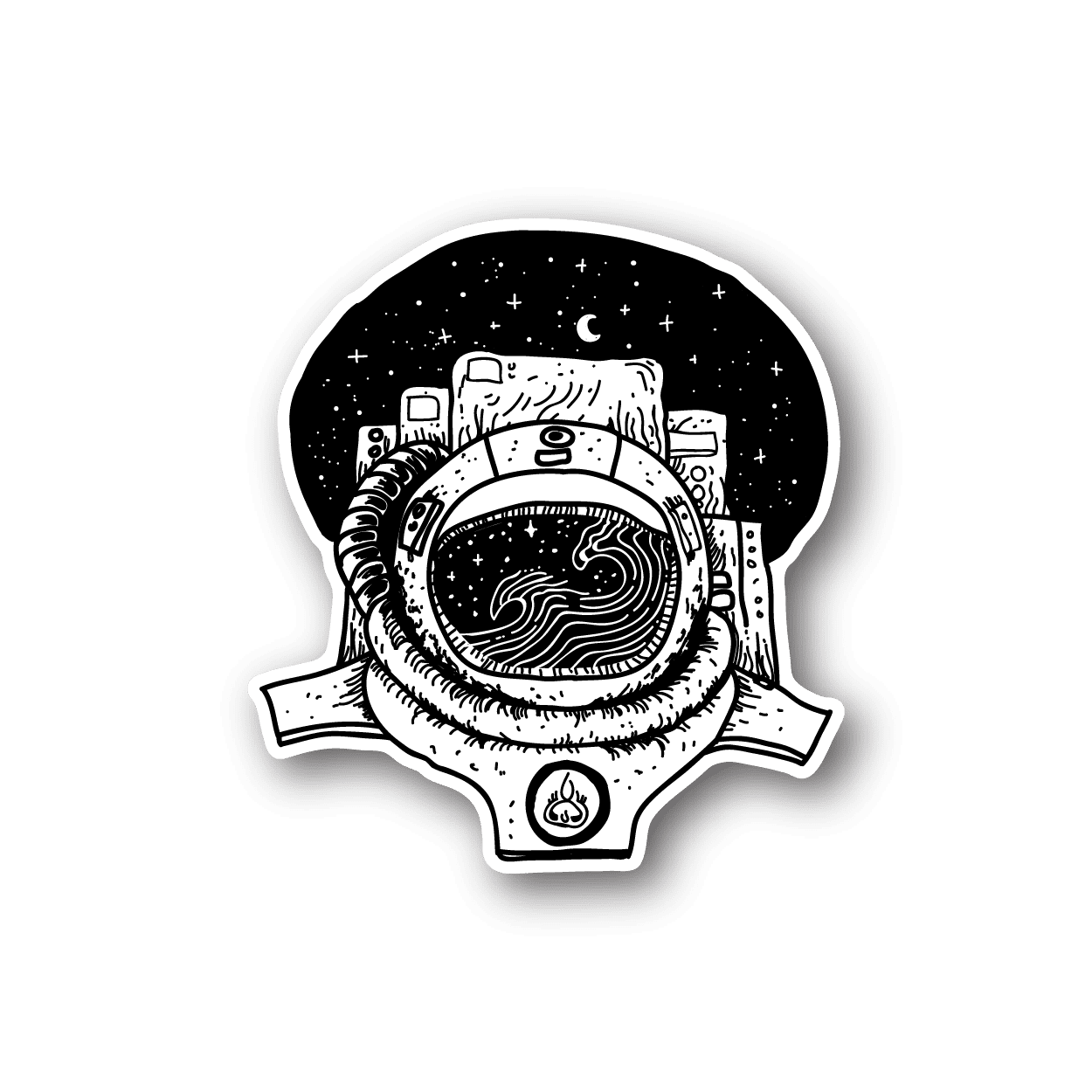 Astronaut vinyl sticker with helmet and stars, circular outline