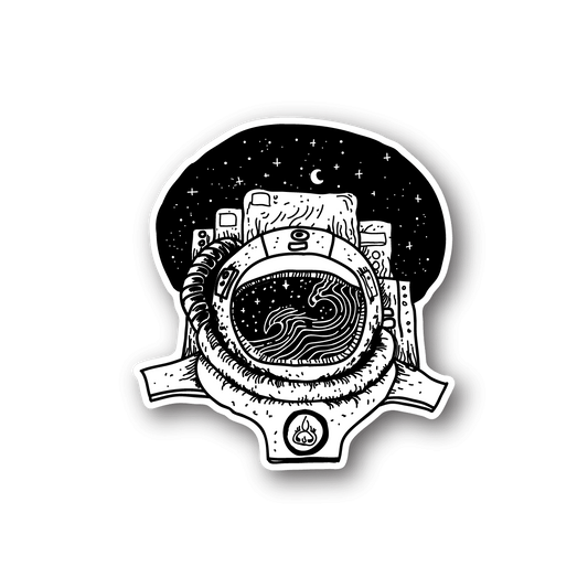 Astronaut vinyl sticker with helmet and stars, circular outline