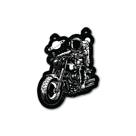 Vinyl sticker of astronaut on motorcycle, black and white, star accents