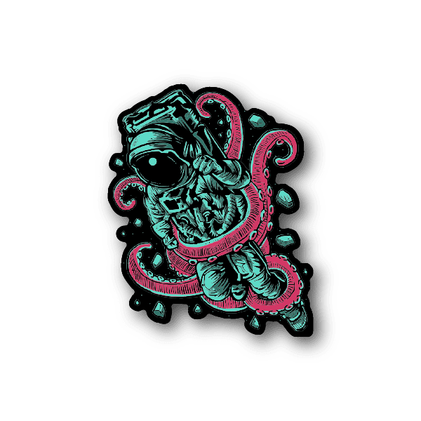 Astronaut octopus vinyl sticker, teal suit with pink tentacles and floating rocks